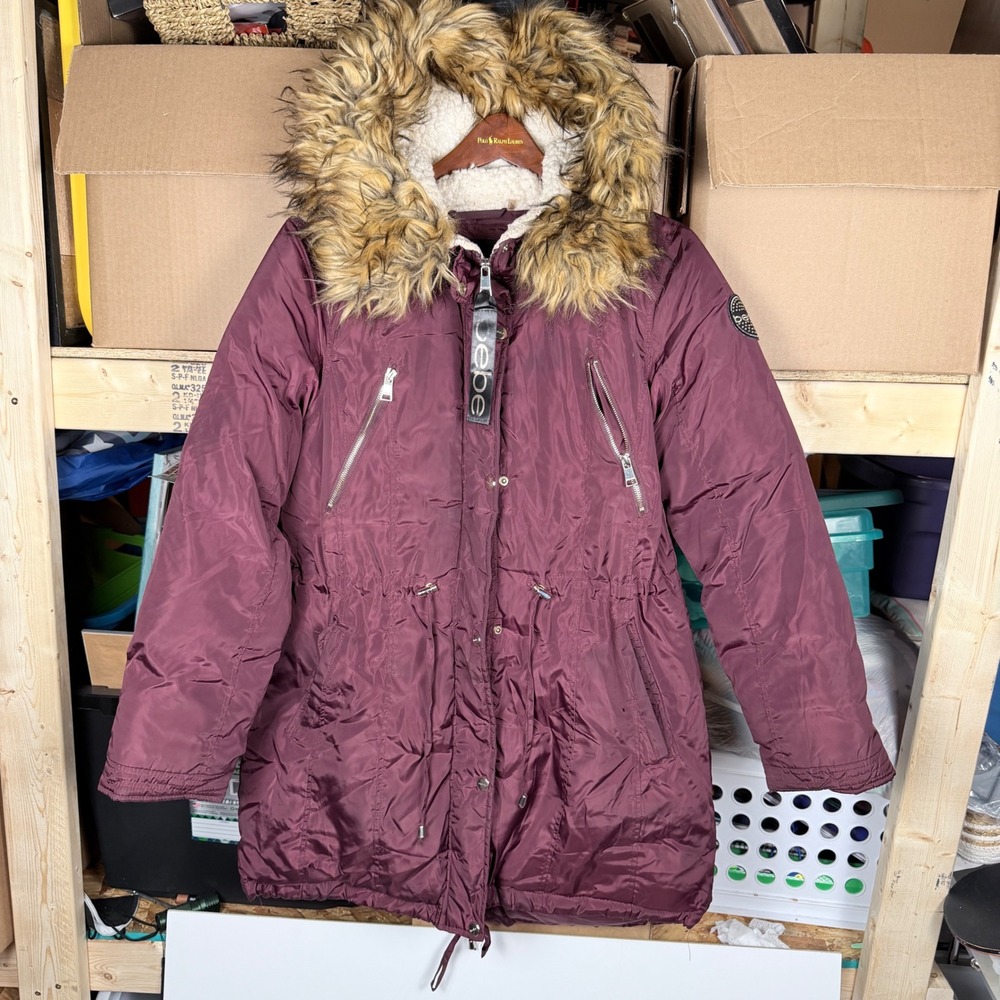 Bebe Women Parka Jacket‎ Fur Hood Lined Pockets Drawstring Burgundy Size L